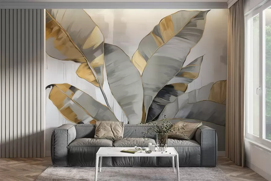 wall murals Banana tropical textured leaves with gray and yellow tones, modern style, neutral background, decorative painting w09118