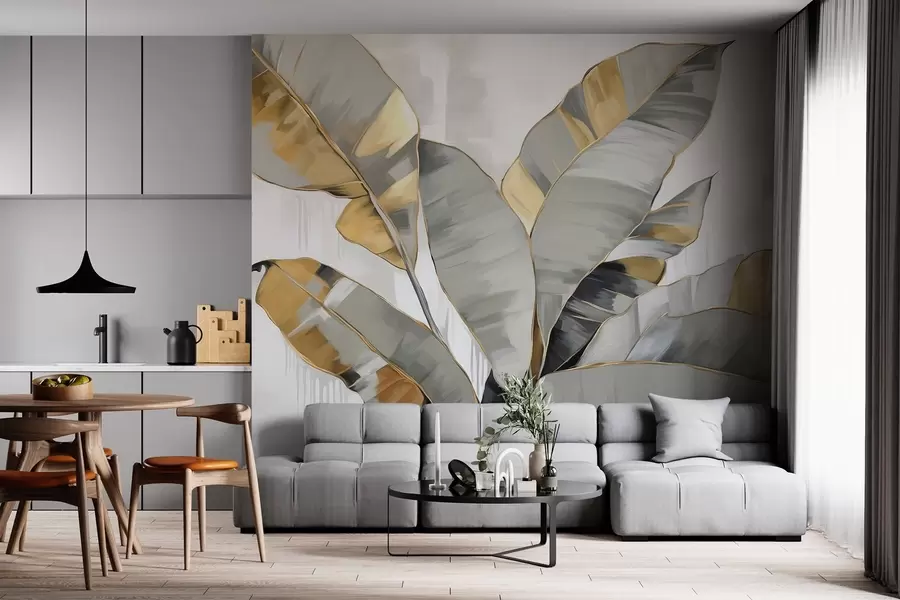 wall murals Banana tropical textured leaves with gray and yellow tones, modern style, neutral background, decorative painting w09118