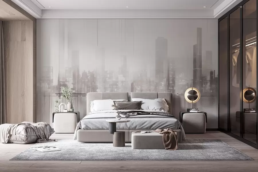 wall murals Abstract textured cityscape with tall buildings and strips, in shades of gray and white, creating a hazy effect w09119