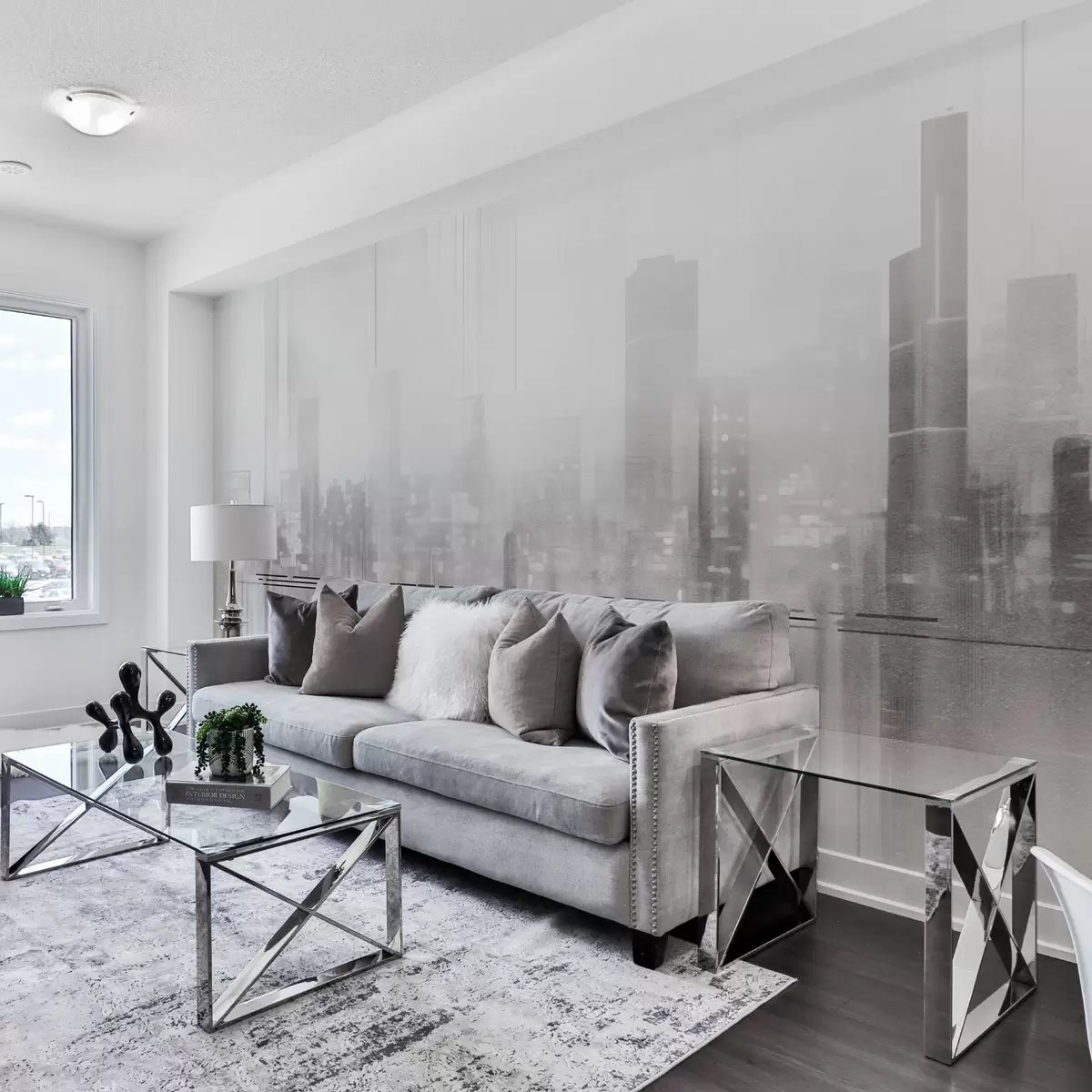 wall murals Abstract textured cityscape with tall buildings and strips, in shades of gray and white, creating a hazy effect w09119