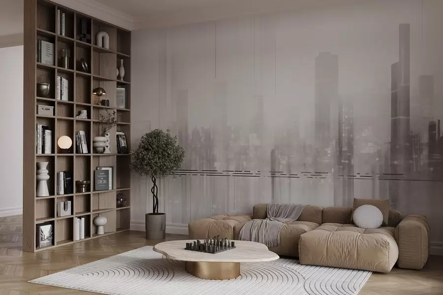 wall murals Abstract textured cityscape with tall buildings and strips, in shades of gray and white, creating a hazy effect w09119