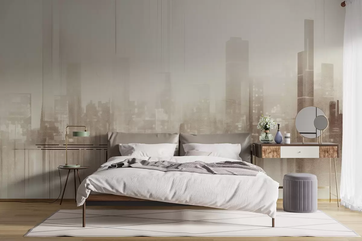wall murals Abstract textured cityscape with tall buildings and strips, in shades of beige and white, creating a hazy effect w09119v1