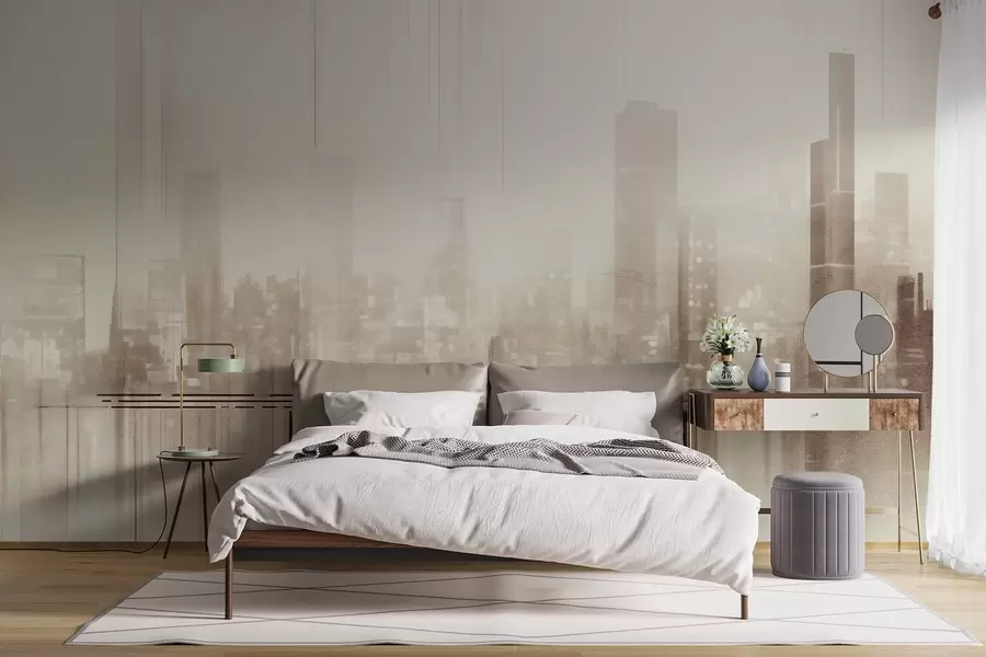 wall murals Abstract textured cityscape with tall buildings and strips, in shades of beige and white, creating a hazy effect w09119v1
