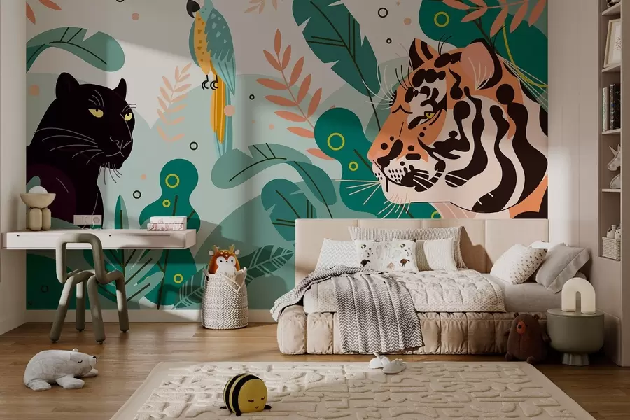wall murals jungle with a tiger, panther and parrot w03958