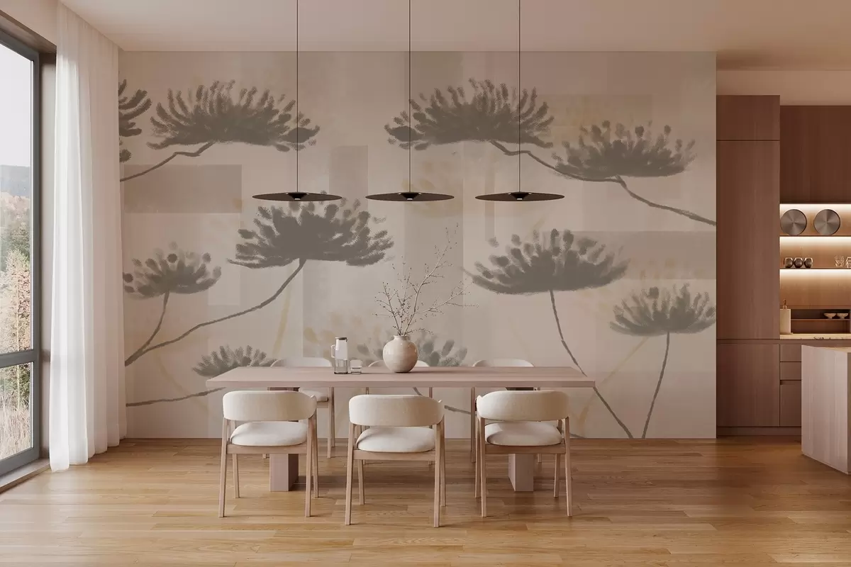 wall murals textured geometry in beige and cream tones with stylized umbrella flowers w03960