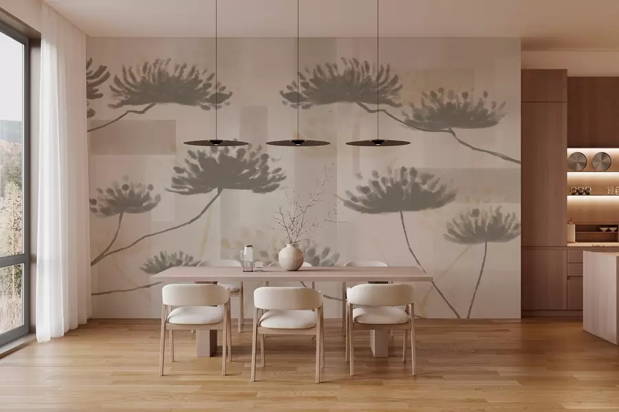 wall murals textured geometry in beige and cream tones with stylized umbrella flowers w03960