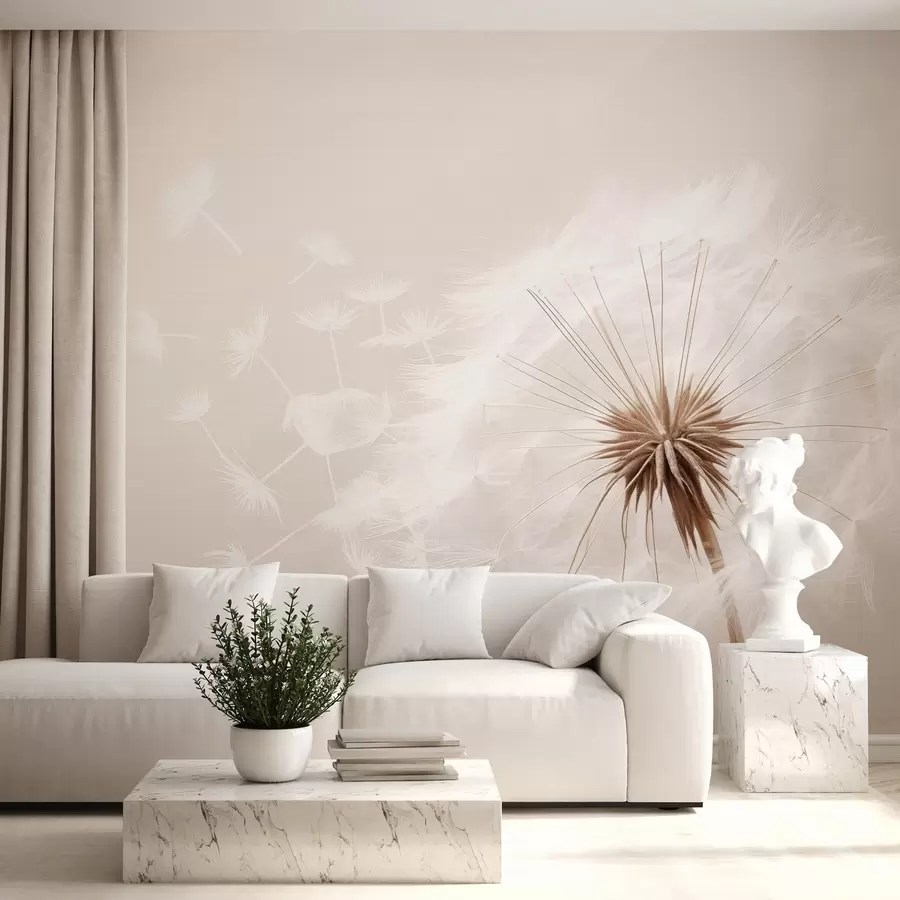 wall murals Modern soft floral composition with a fully bloomed dandelion head and floating seeds, set against a delicate textile-like texture w03939