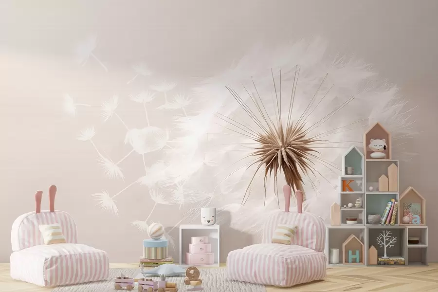 wall murals Modern soft floral composition with a fully bloomed dandelion head and floating seeds, set against a delicate textile-like texture w03939