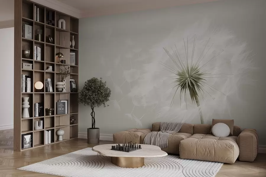 wall murals Modern soft floral composition with a fully bloomed dandelion head and floating seeds, set against a delicate textile-like texture w03939v1