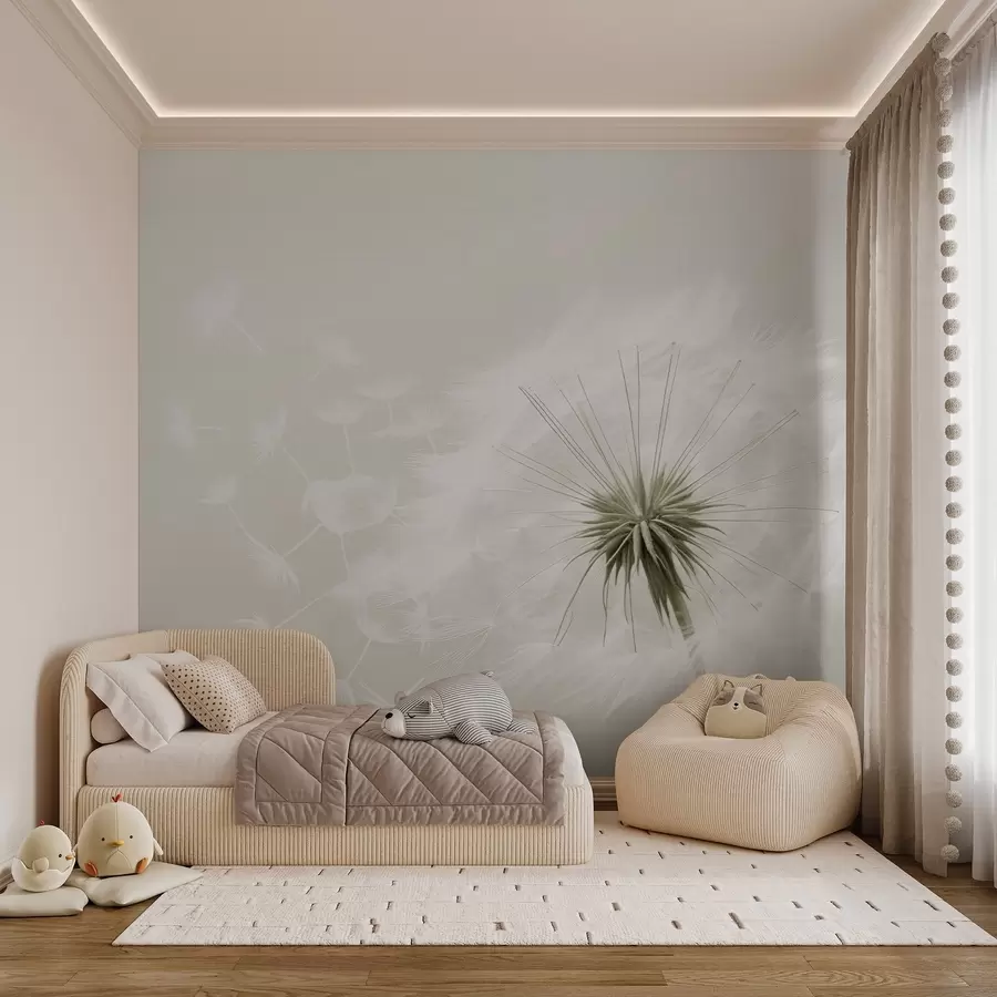 wall murals Modern soft floral composition with a fully bloomed dandelion head and floating seeds, set against a delicate textile-like texture w03939v1