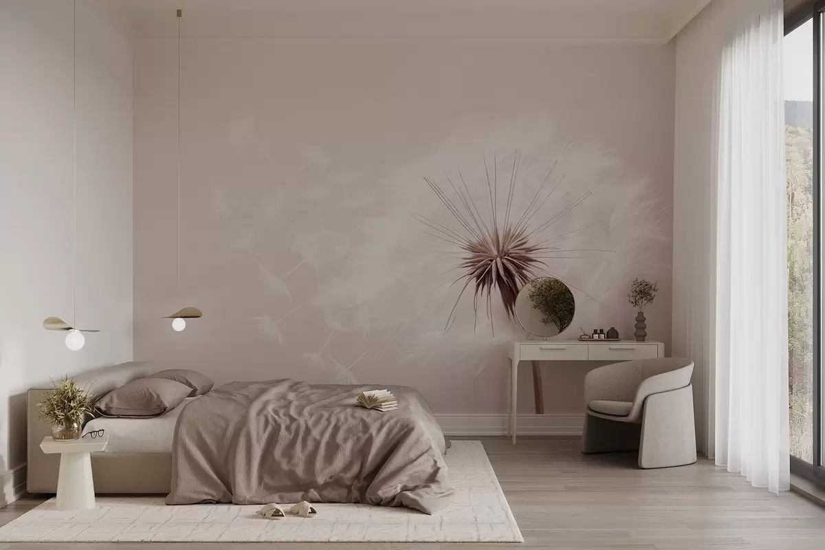 wall murals Modern soft floral composition with a fully bloomed dandelion head and floating seeds, set against a delicate textile-like texture w03939v2