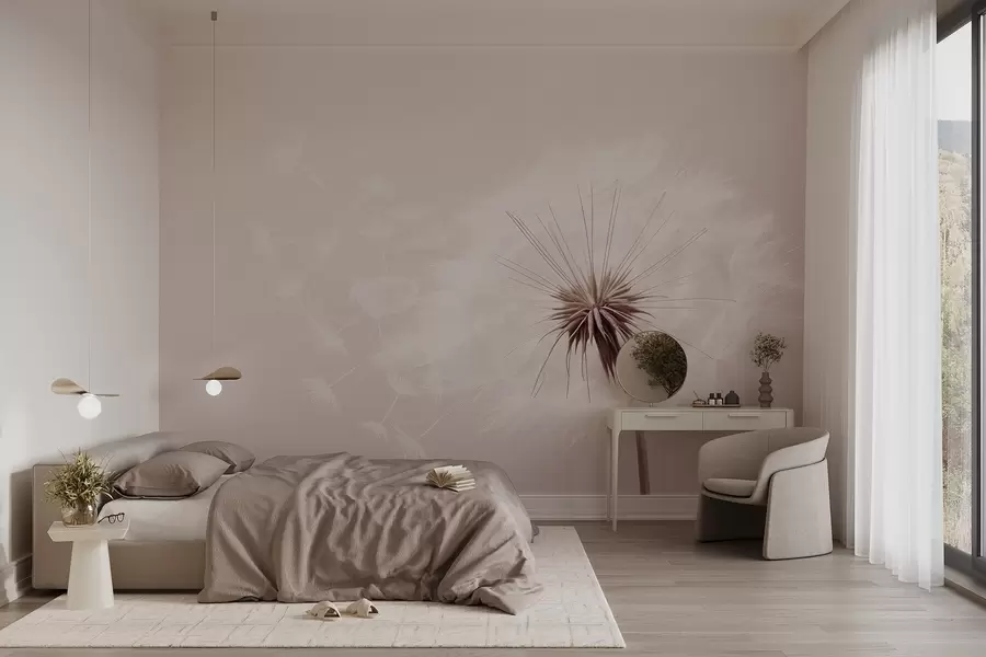 wall murals Modern soft floral composition with a fully bloomed dandelion head and floating seeds, set against a delicate textile-like texture w03939v2