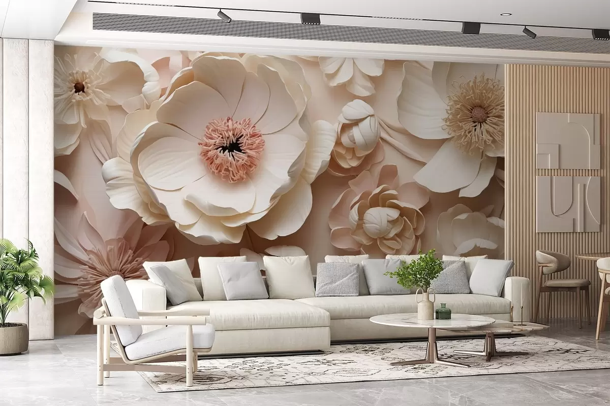wall murals Volumetric floral composition with delicate paper-like or textile-inspired petals in ivory, vanilla, and blush tones, set against a warm beige canvas. w03945