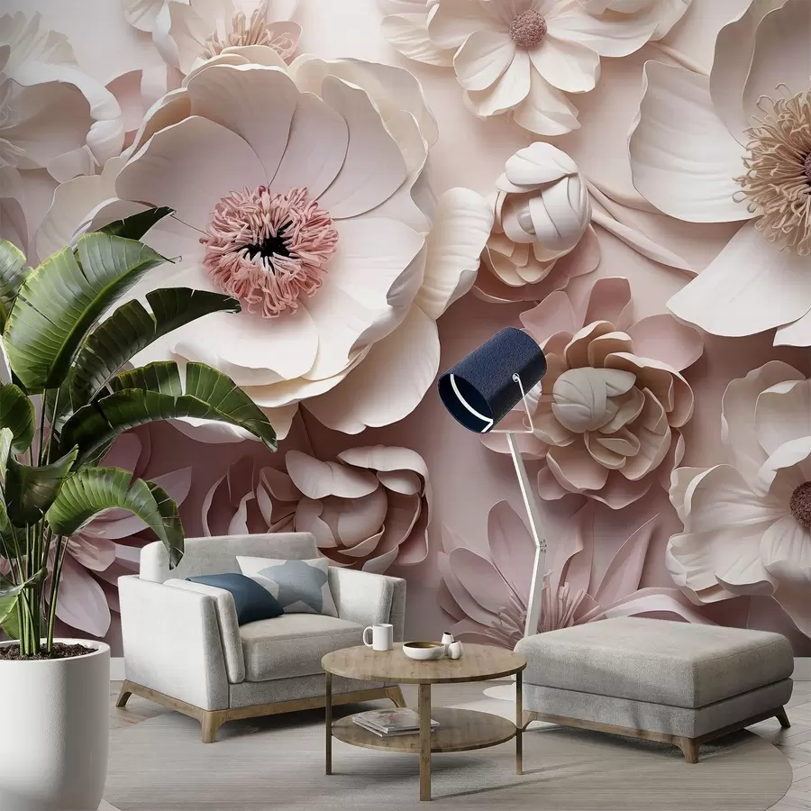 wall murals Volumetric floral composition with delicate paper-like or textile-inspired petals in ivory, vanilla, and blush tones, set against a warm beige canvas w03945v1