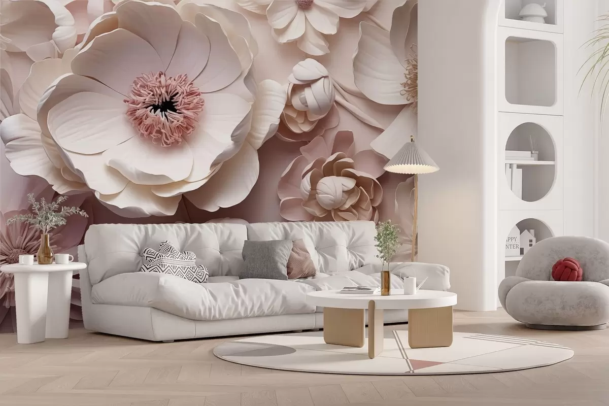 wall murals Volumetric floral composition with delicate paper-like or textile-inspired petals in ivory, vanilla, and blush tones, set against a warm beige canvas. w03945v1