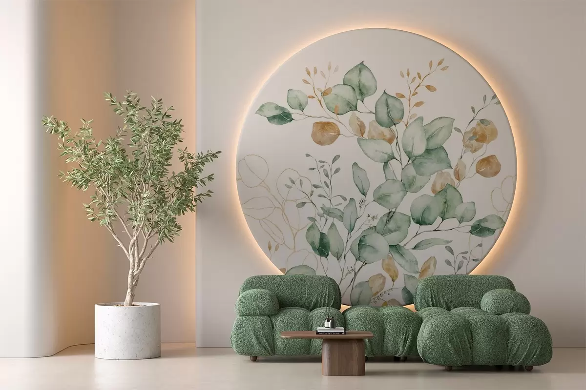 wall murals Vegetation and branches imitation of textured watercolor, shades of green and yellow w03927