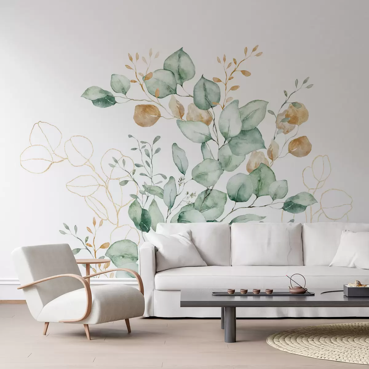 wall murals Vegetation and branches imitation of textured watercolor, shades of green and yellow w03927
