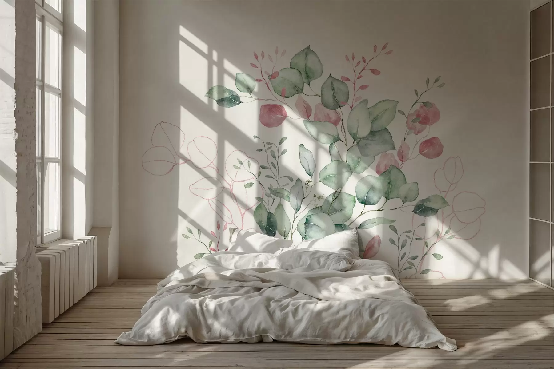 wall murals Vegetation and branches imitation of textured watercolor, shades of green and pink w03927v2