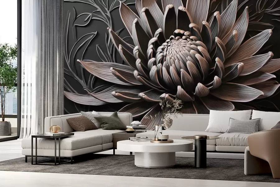 wall murals Protea flower, beige and black w03930