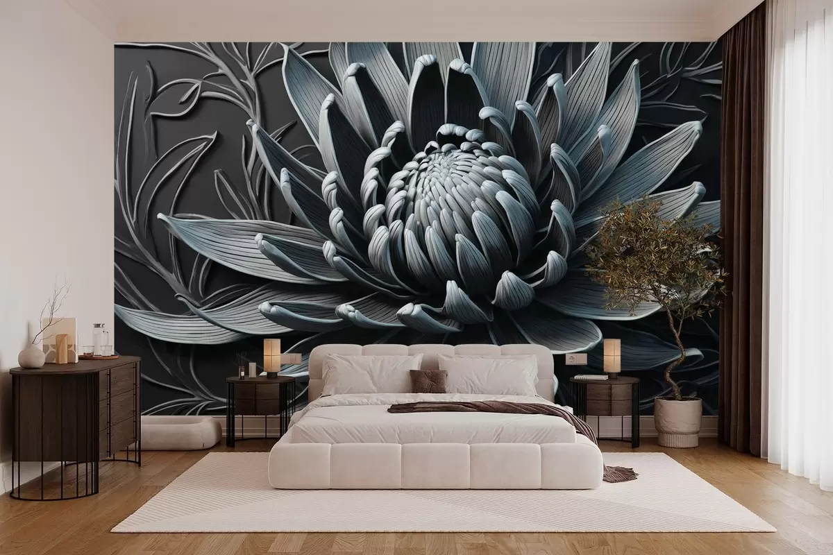 wall murals Protea flower, blue and black color w03930v2