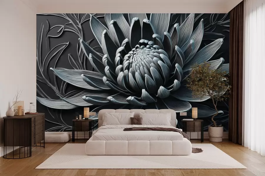 wall murals Protea flower, blue and black color w03930v2
