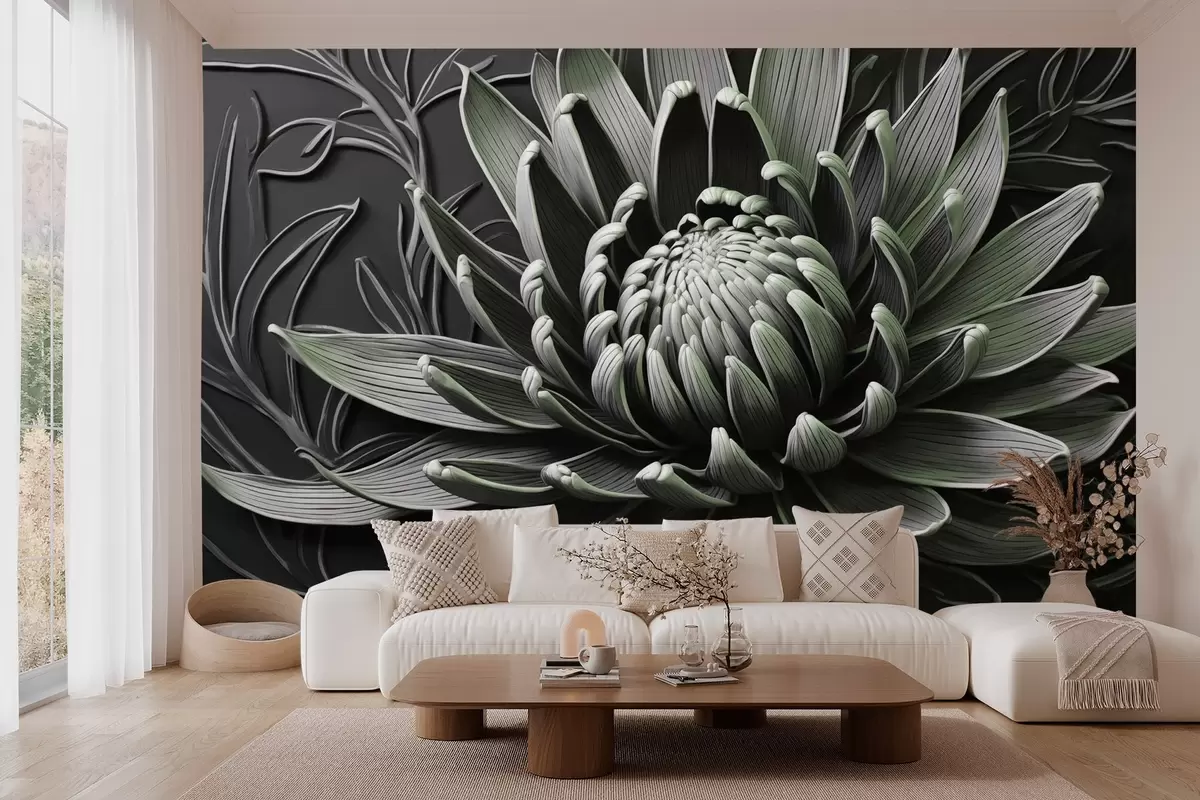 wall murals Protea flower, green and black w03930v3