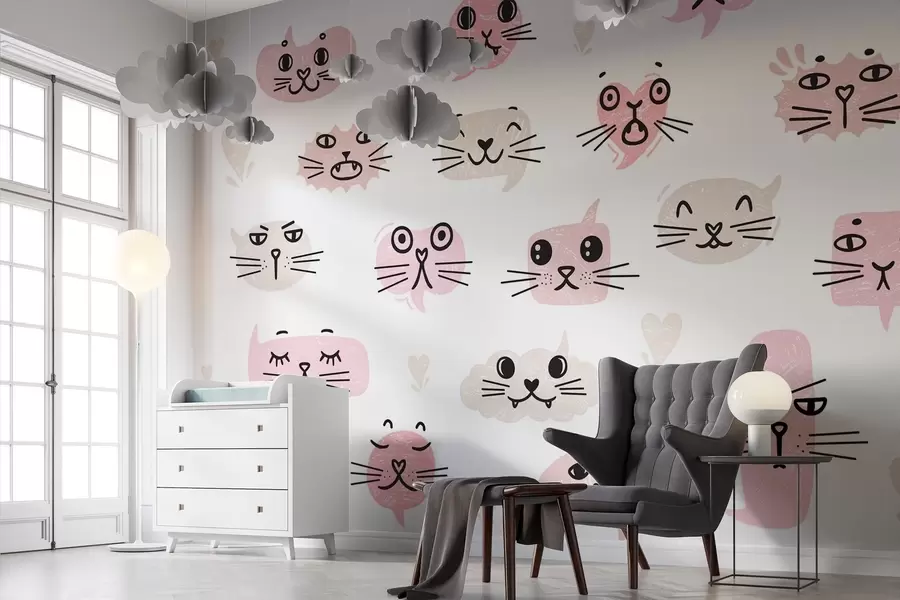 wall murals Cat faces shades of pink w03951v1