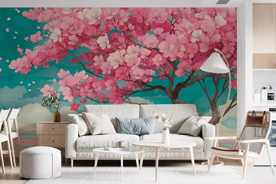 wall murals A pink cherry blossom tree with falling petals and a blue sky in a romantic style w09120