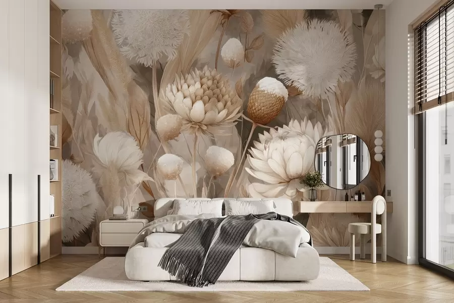 wall murals Boho Harmony: Textured flowers in beige and cream tones w09121