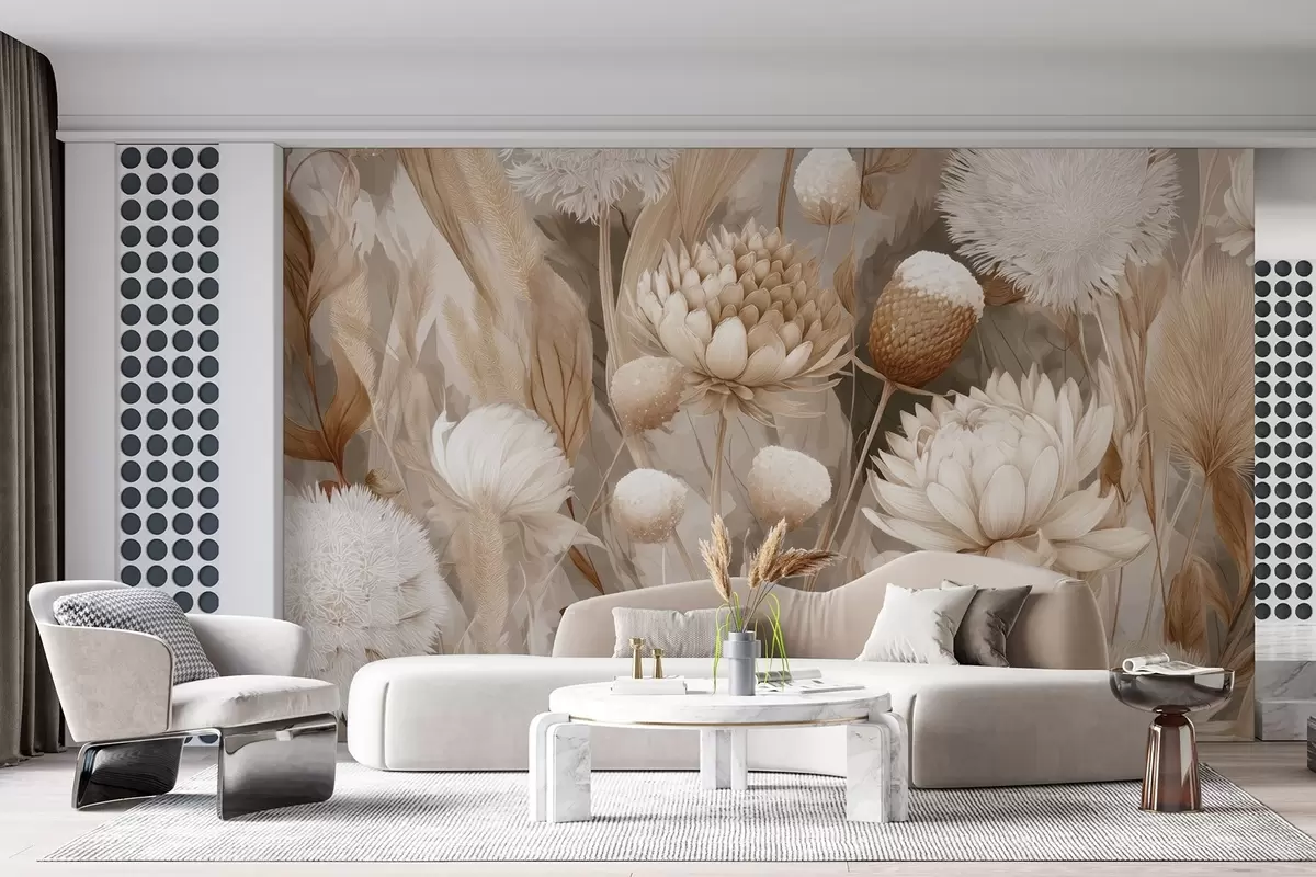 wall murals Boho Harmony: Textured flowers in beige and cream tones w09121