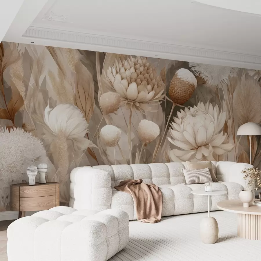 wall murals Boho Harmony: Textured flowers in beige and cream tones w09121