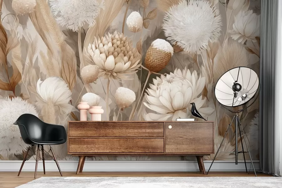 wall murals Boho Harmony: Textured flowers in beige and cream tones w09121