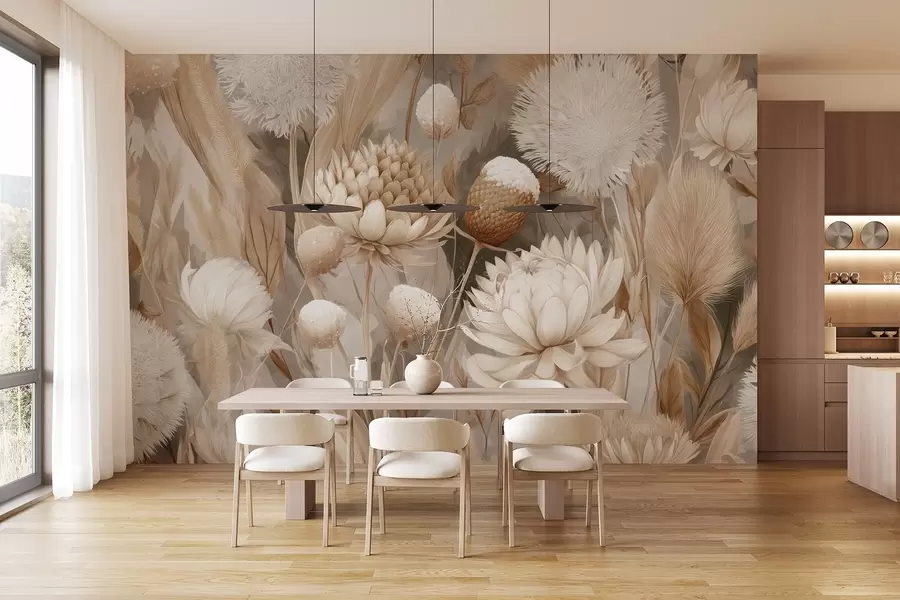wall murals Boho Harmony: Textured flowers in beige and cream tones w09121