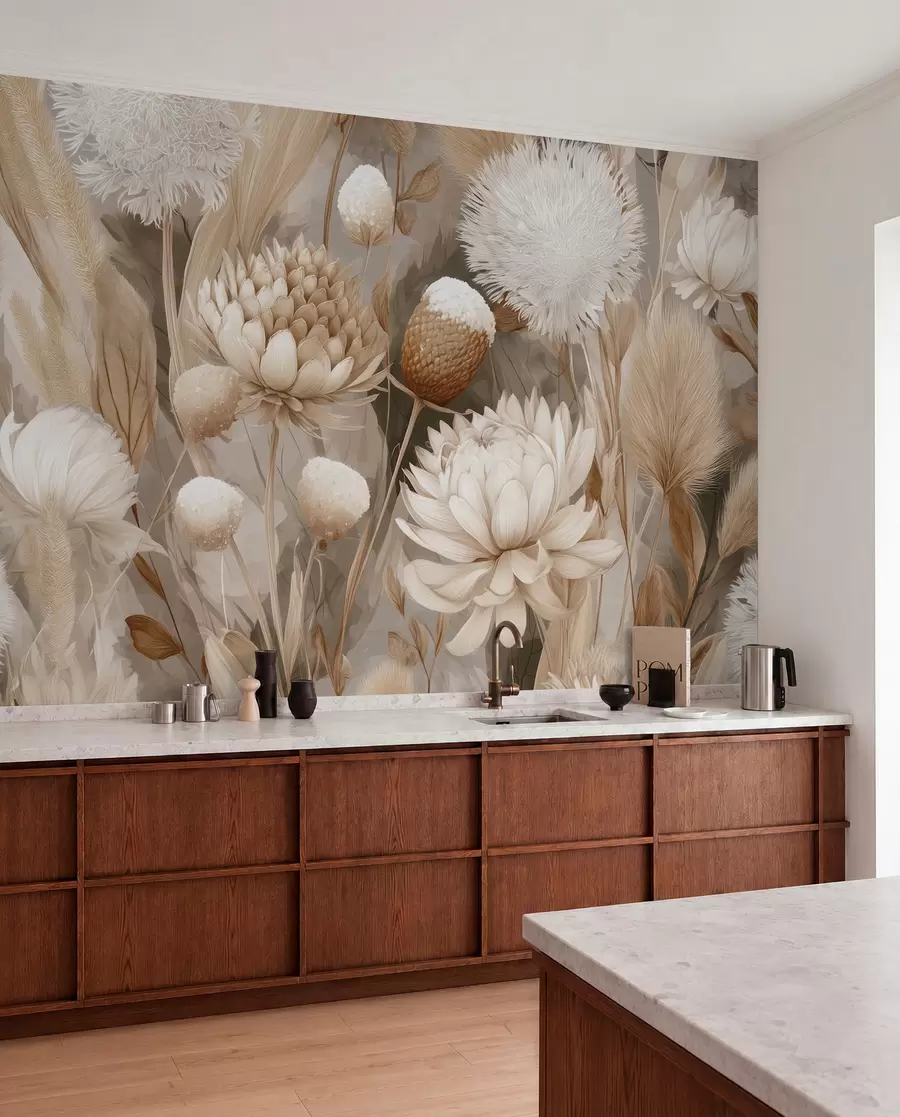 wall murals Boho Harmony: Textured flowers in beige and cream tones w09121