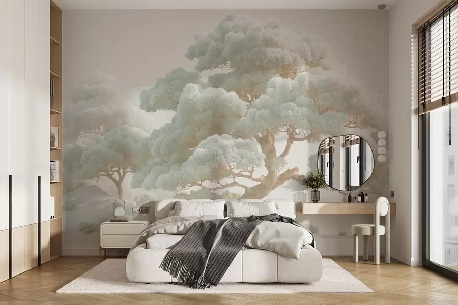 wall murals Pine trees in the mist in soft tones standing in a forest w09122