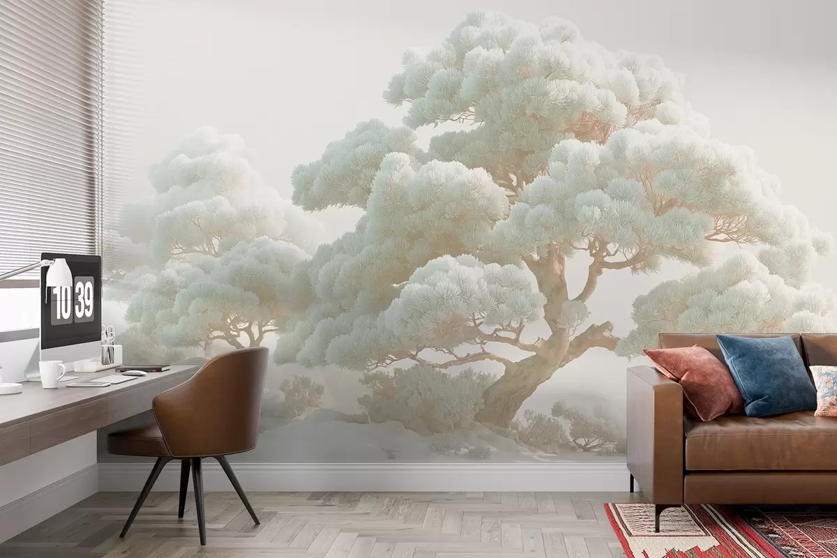 wall murals Pine trees in the mist in soft tones standing in a forest w09122