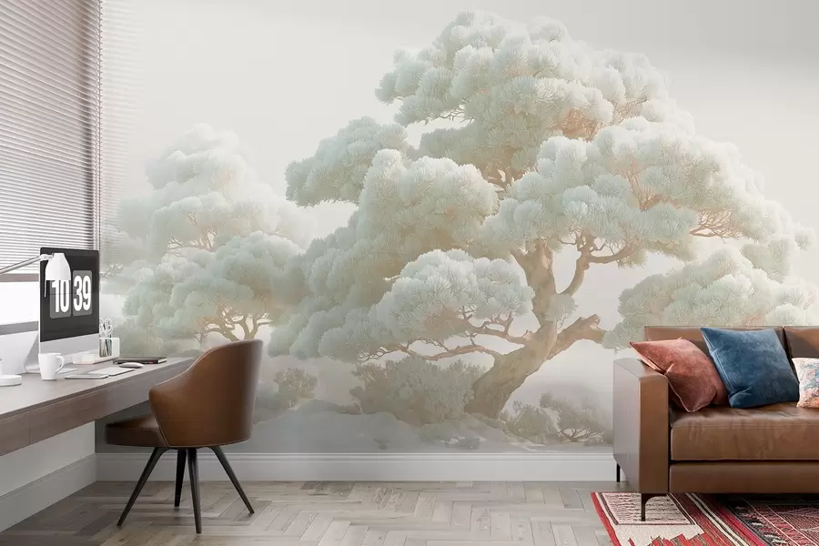 wall murals Pine trees in the mist in soft tones standing in a forest w09122