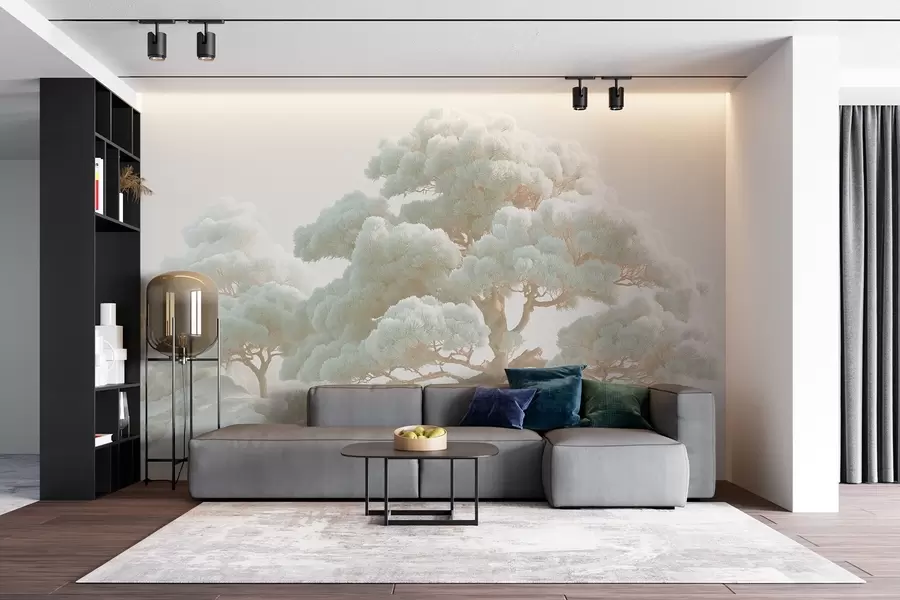 wall murals Pine trees in the mist in soft tones standing in a forest w09122