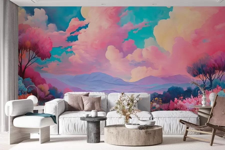 wall murals Colorful landscape in oil painting style with a pink sky, plants, and trees w09123