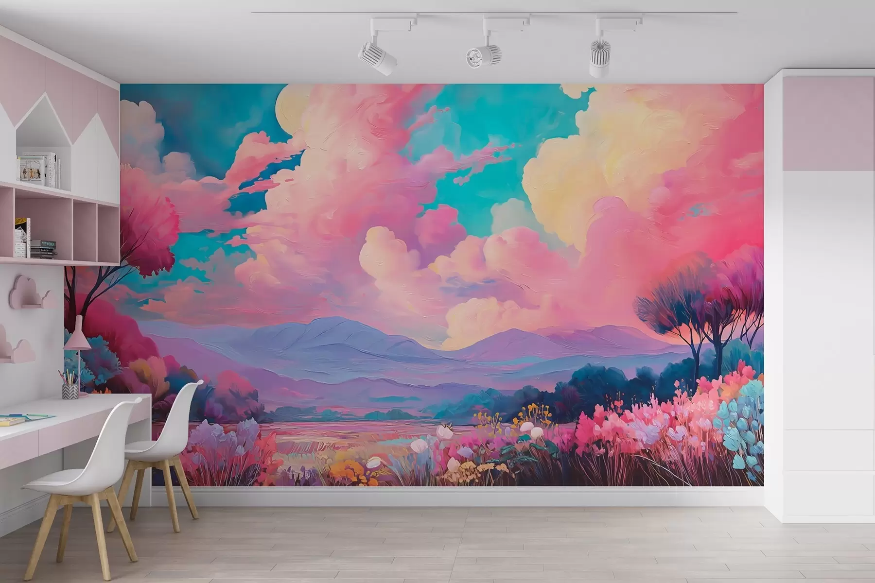 wall murals Colorful landscape in oil painting style with a pink sky, plants, and trees w09123