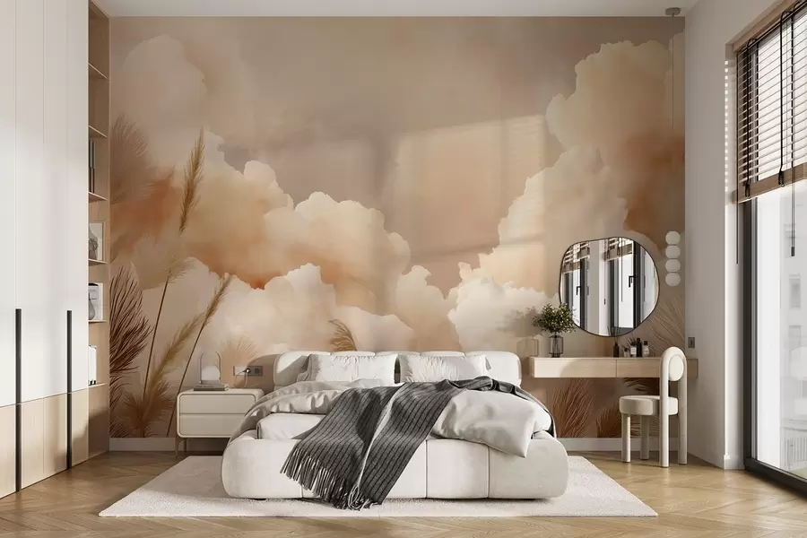 wall murals Beige sky with warm clouds and pampas grass w09124