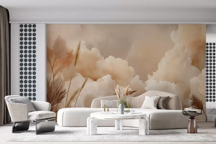wall murals Beige sky with warm clouds and pampas grass w09124