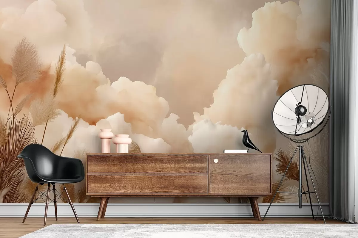 wall murals Beige sky with warm clouds and pampas grass w09124