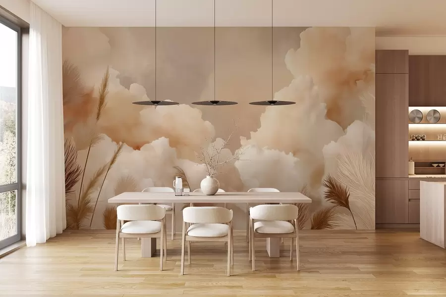 wall murals Beige sky with warm clouds and pampas grass w09124