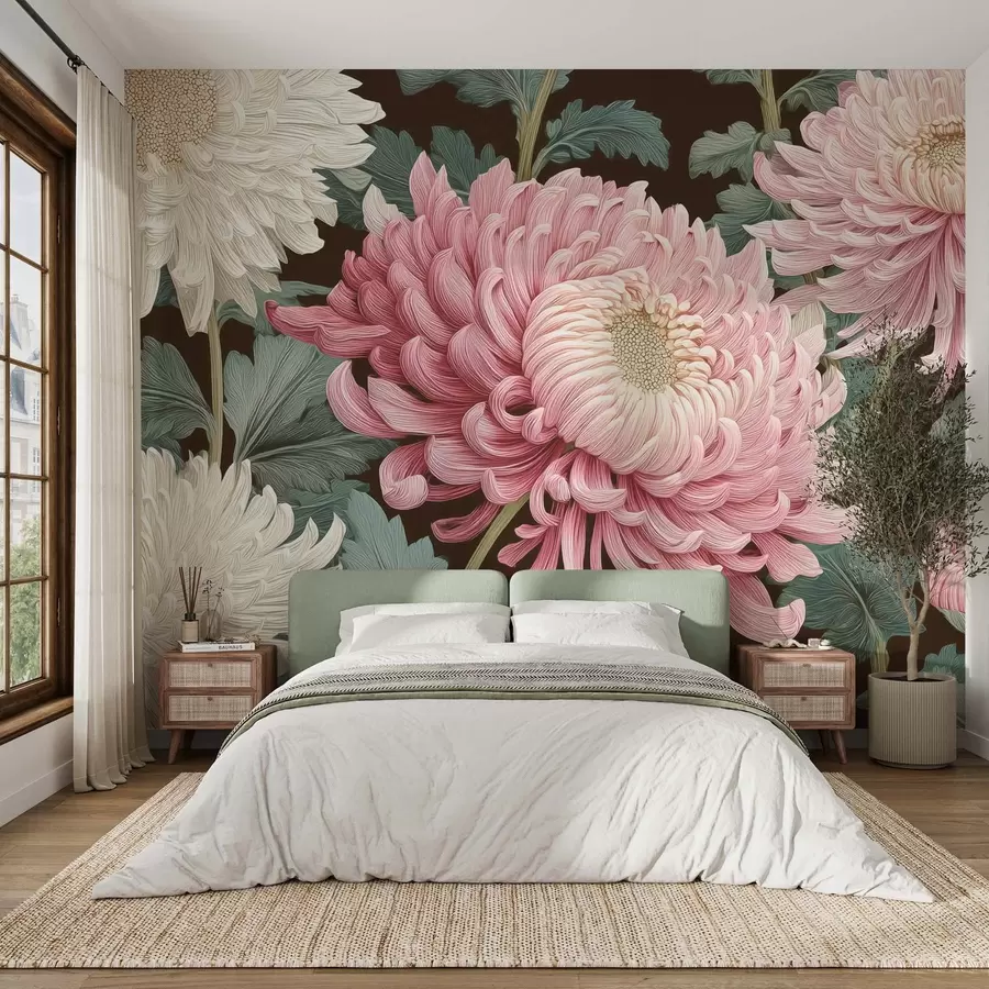 wall murals Pink and white large orchids with leaves on a dark background w09125
