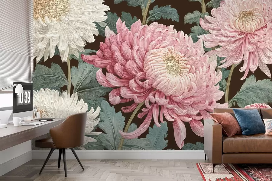 wall murals Pink and white large orchids with leaves on a dark background w09125