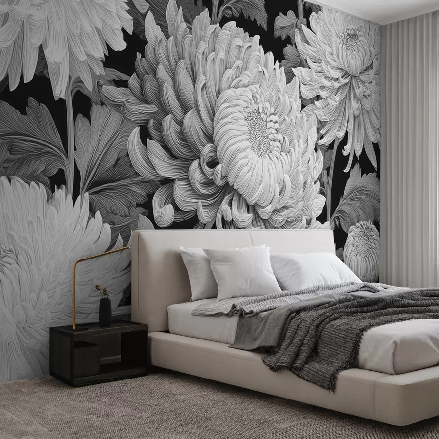 wall murals Black and white large orchids with leaves w09125v1