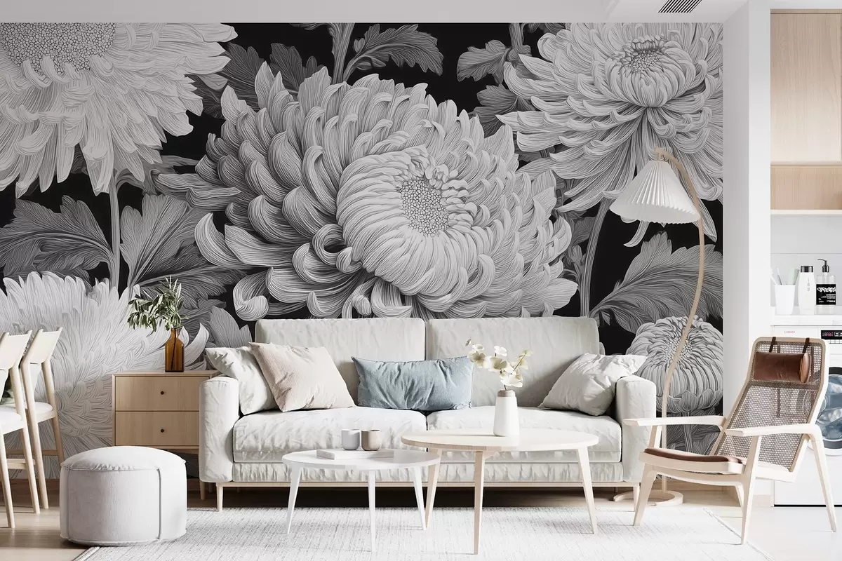 wall murals Black and white large orchids with leaves w09125v1