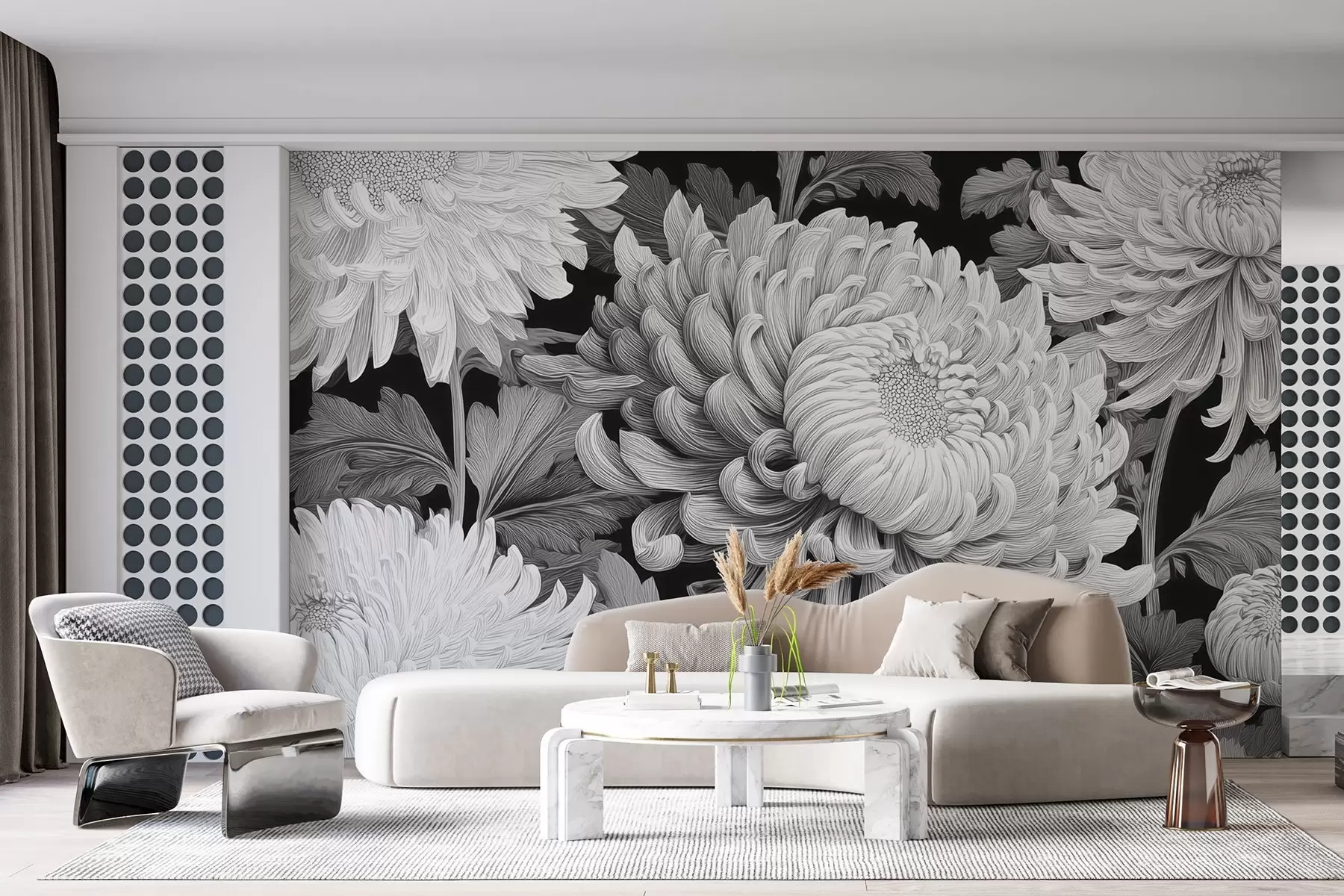 wall murals Black and white large orchids with leaves w09125v1