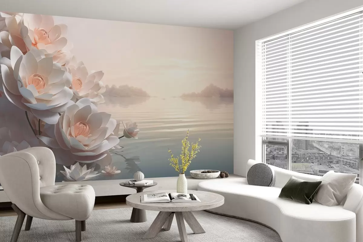 wall murals Pastel lotuses on the water under the evening sky w03988